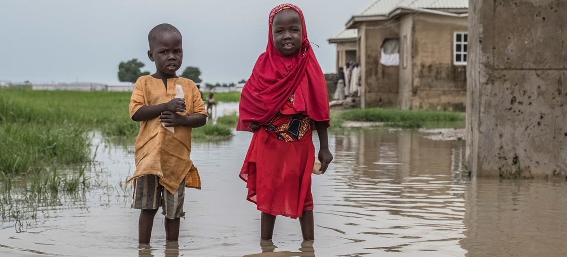 کودکان در سیلاب در ایالت بورنو نیجریه ایستاده اند.